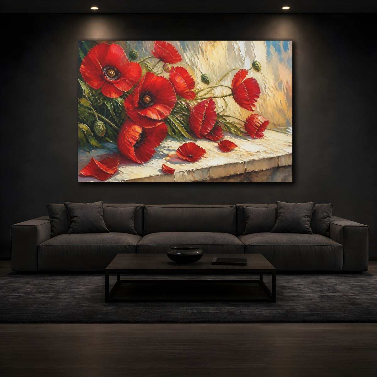 Mockup 3. Scarlet Poppies On Ledge shown as canvas print
