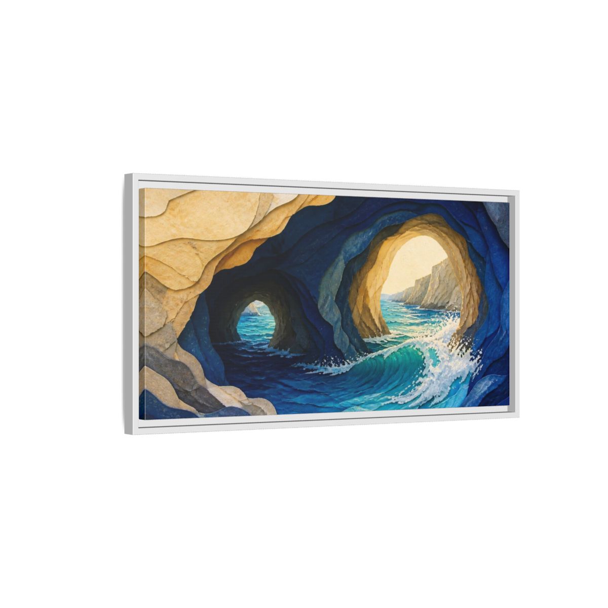 Side Mockup 1. Sea Cave Nature Waves shown as framed canvas print
