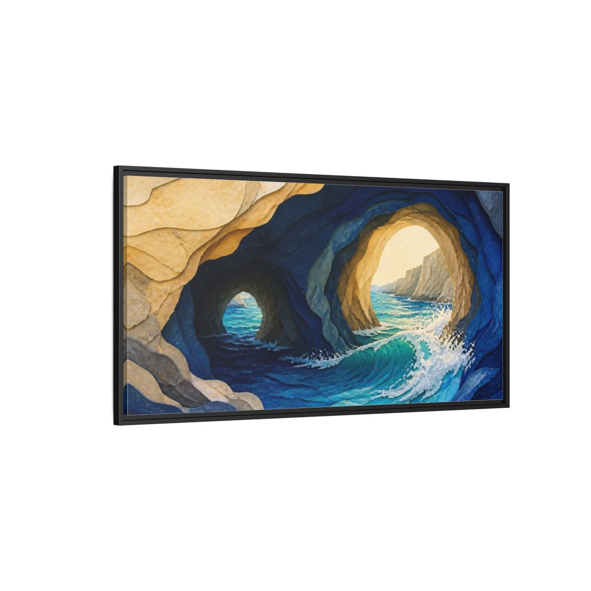 Side Mockup 5. Sea Cave Nature Waves shown as framed canvas print