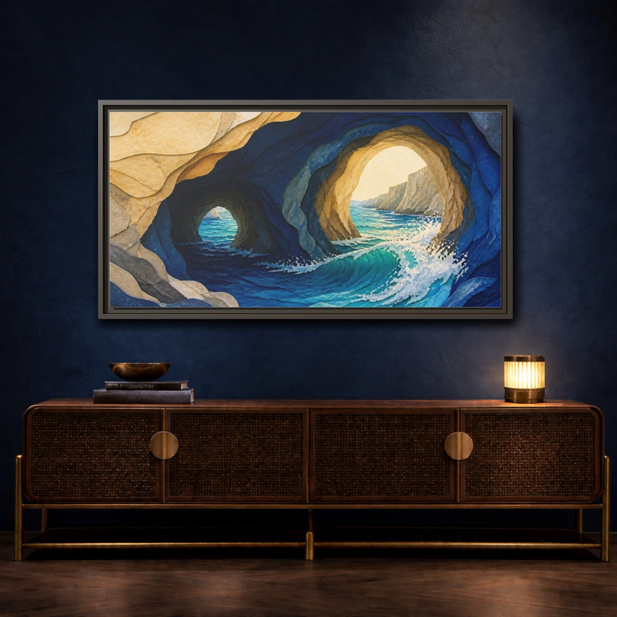 Mockup 4. Sea Cave Nature Waves shown as framed canvas print