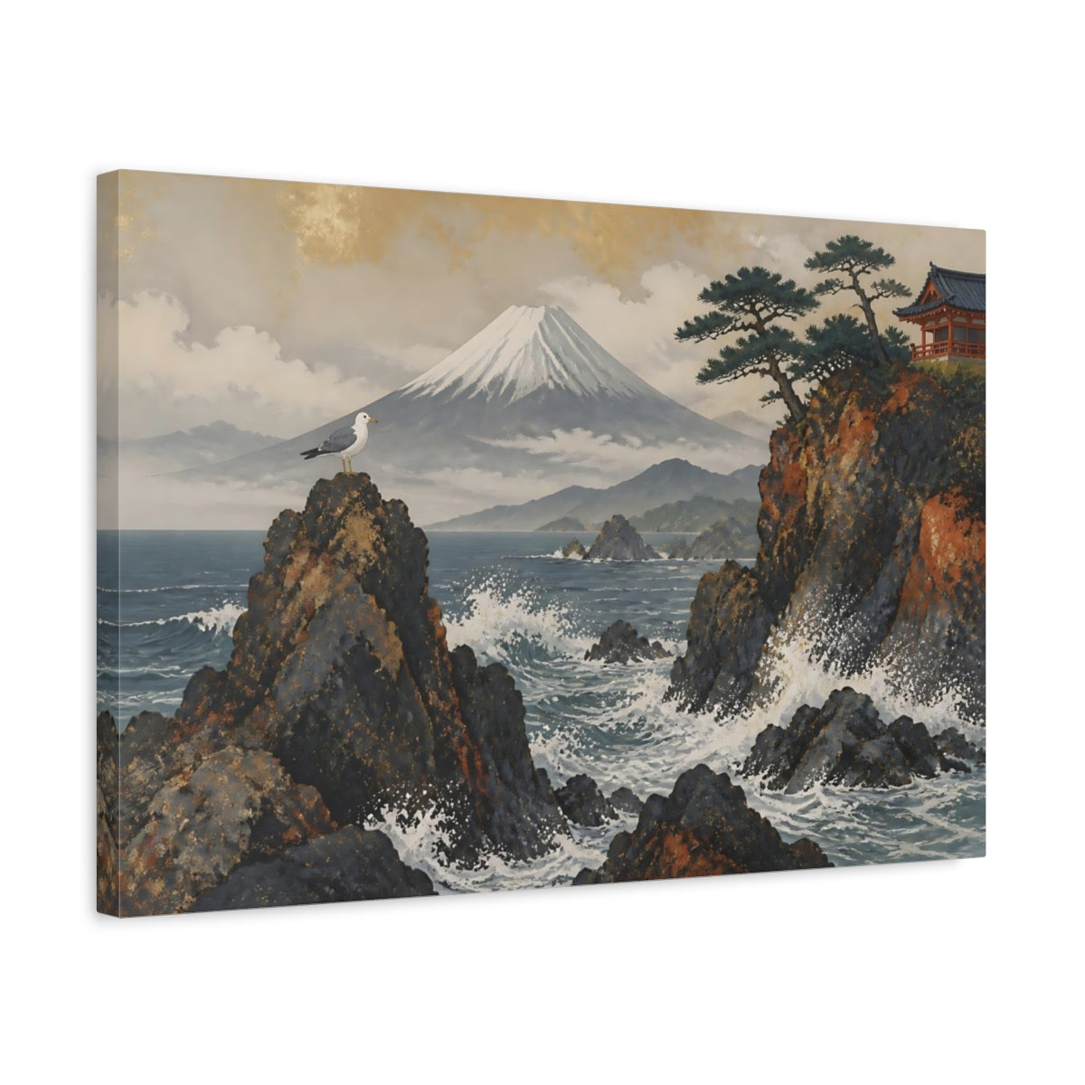 Side Mockup 3. Seagull At Fuji Coast shown as canvas print