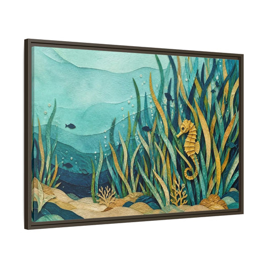Main Mockup. Seahorse Nature Meadow shown as framed canvas print
