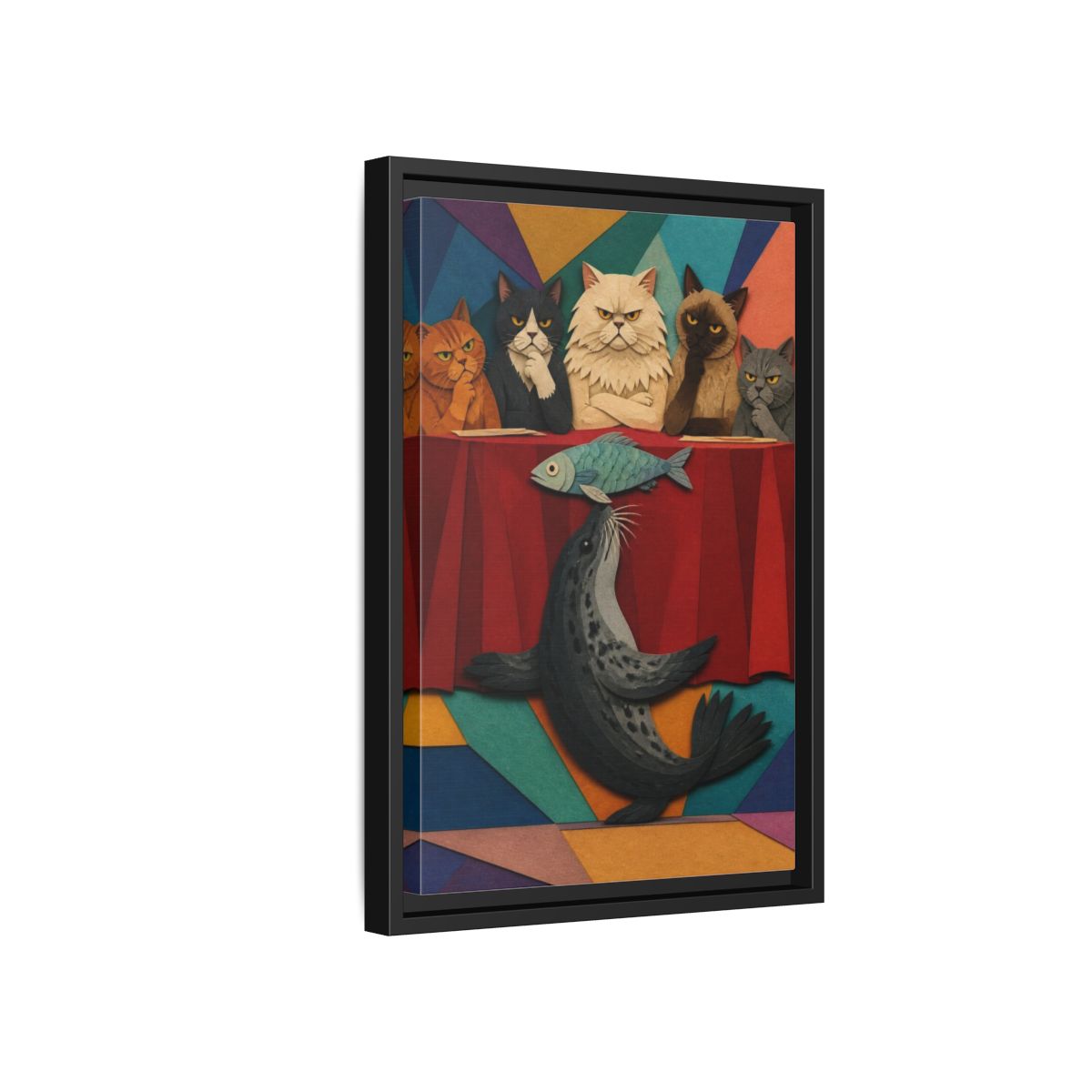 Side Mockup 6. Seal Balancing Fish shown as framed canvas print
