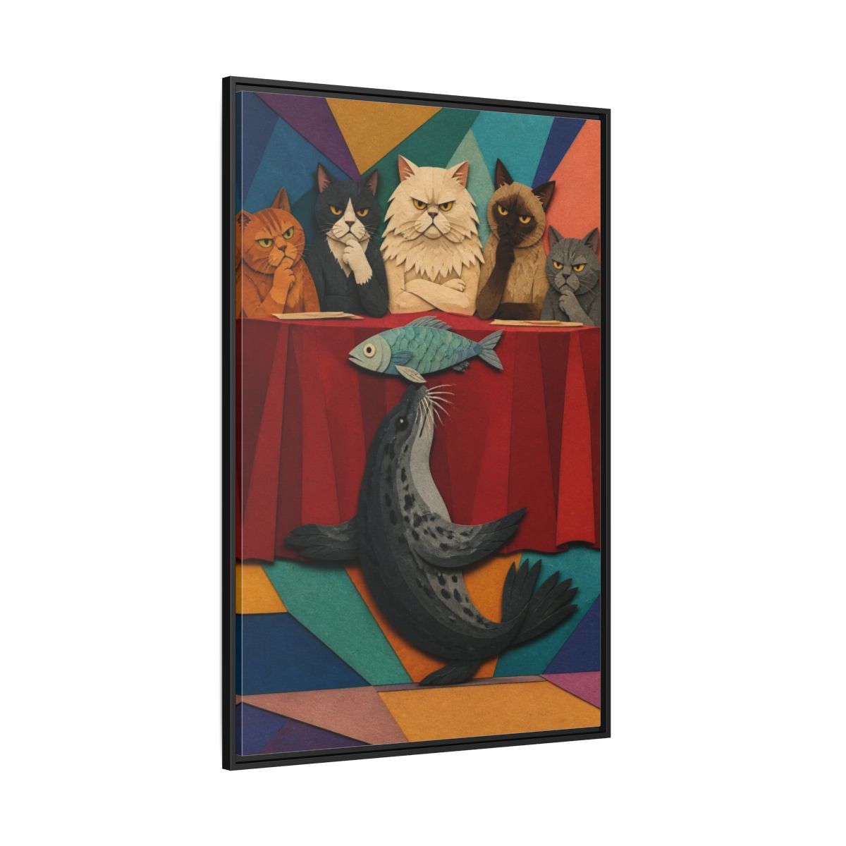 Side Mockup 12. Seal Balancing Fish shown as framed canvas print
