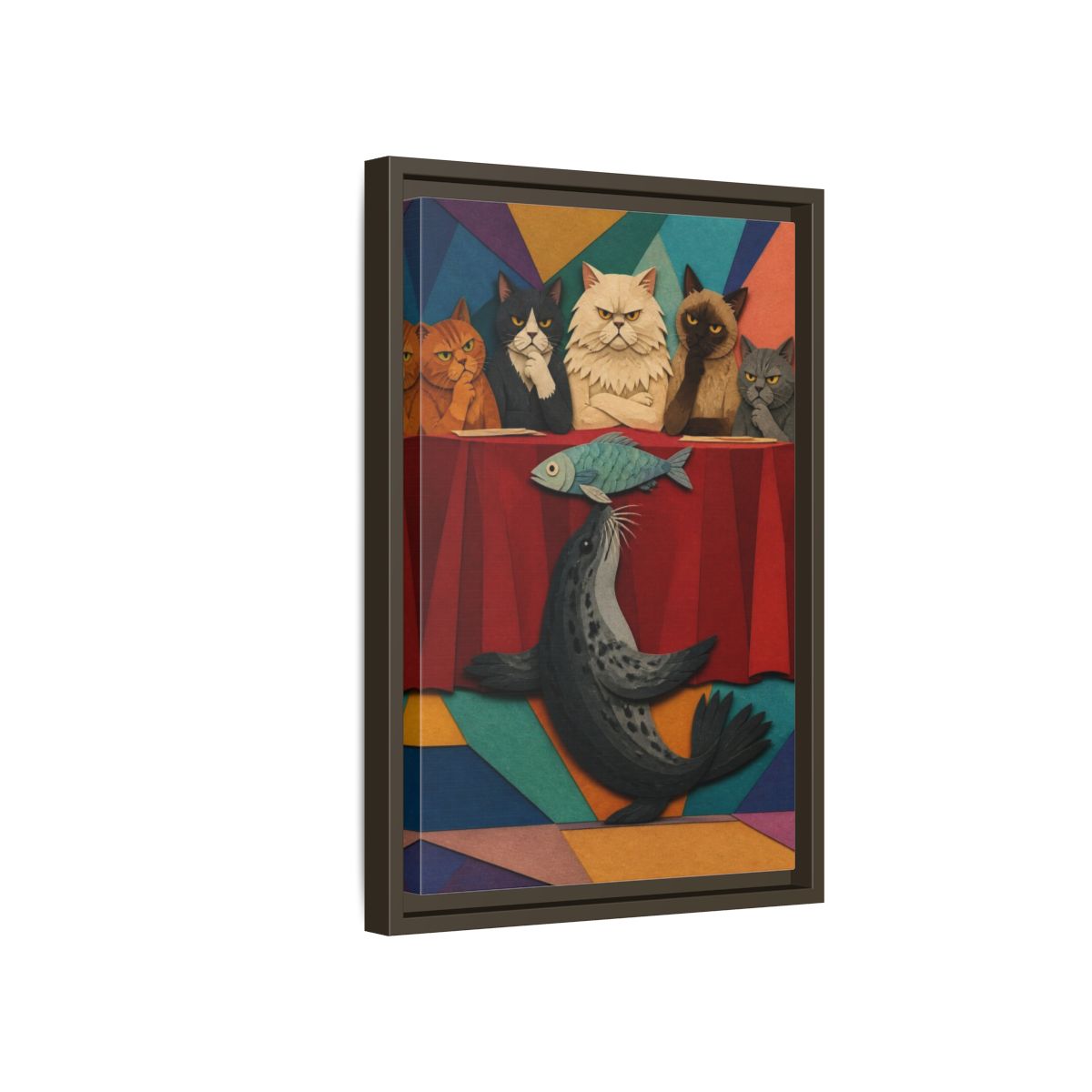 Side Mockup 5. Seal Balancing Fish shown as framed canvas print