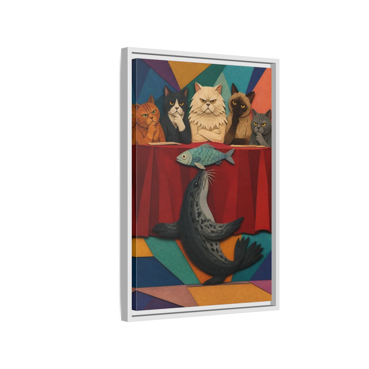 Side Mockup 1. Seal Balancing Fish shown as framed canvas print