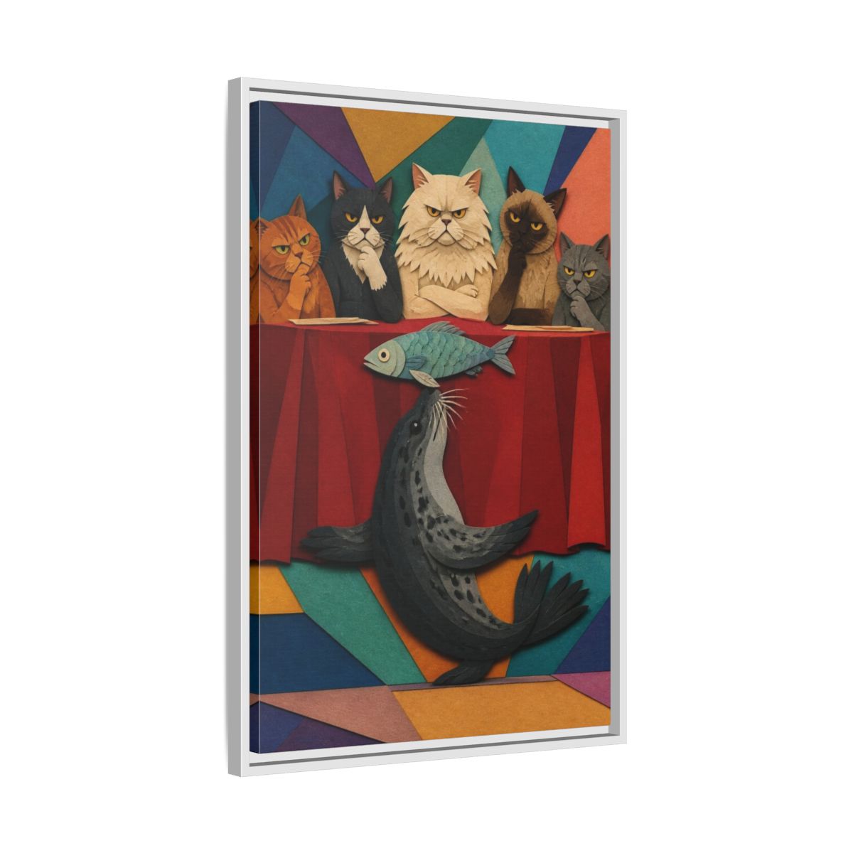 Side Mockup 10. Seal Balancing Fish shown as framed canvas print