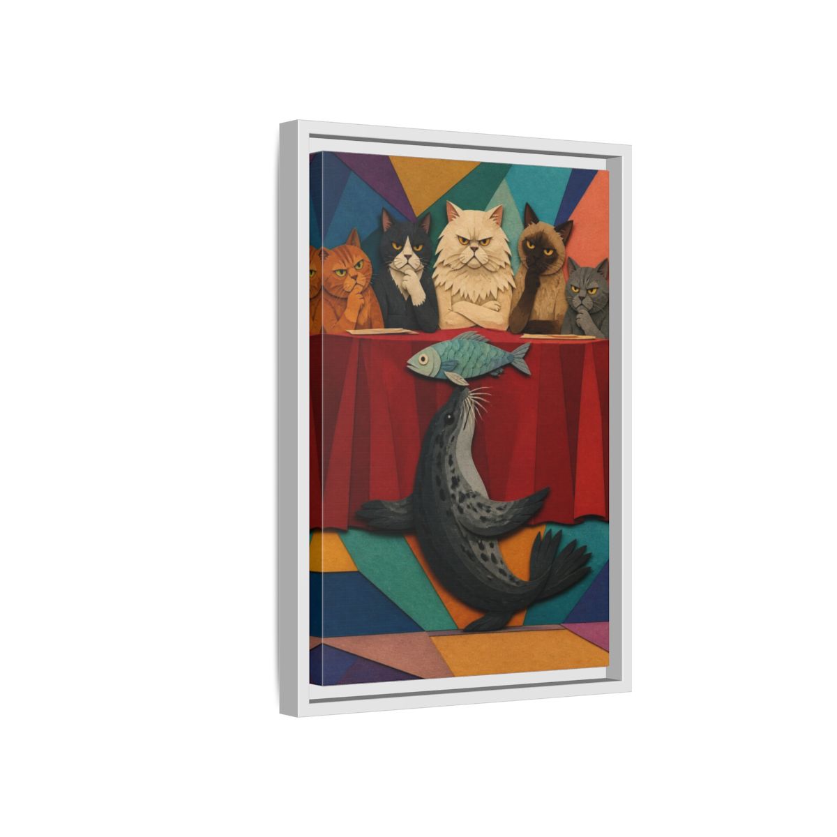 Side Mockup 4. Seal Balancing Fish shown as framed canvas print