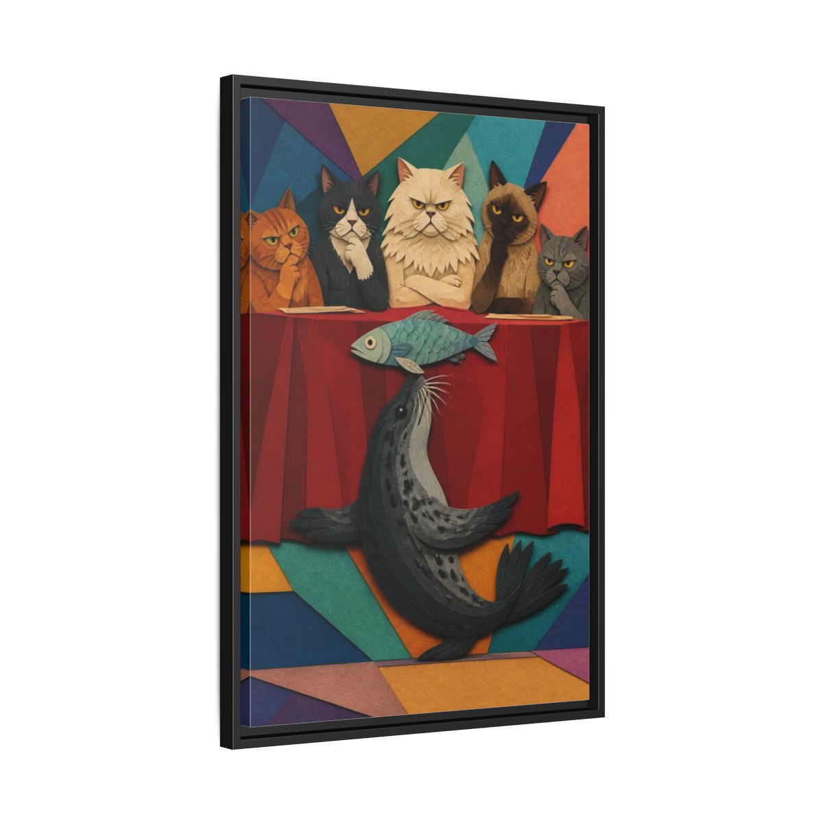 Side Mockup 14. Seal Balancing Fish shown as framed canvas print
