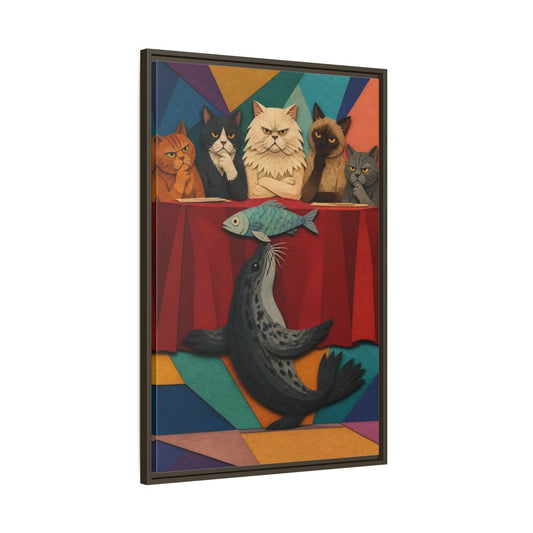 Main Mockup. Seal Balancing Fish shown as framed canvas print