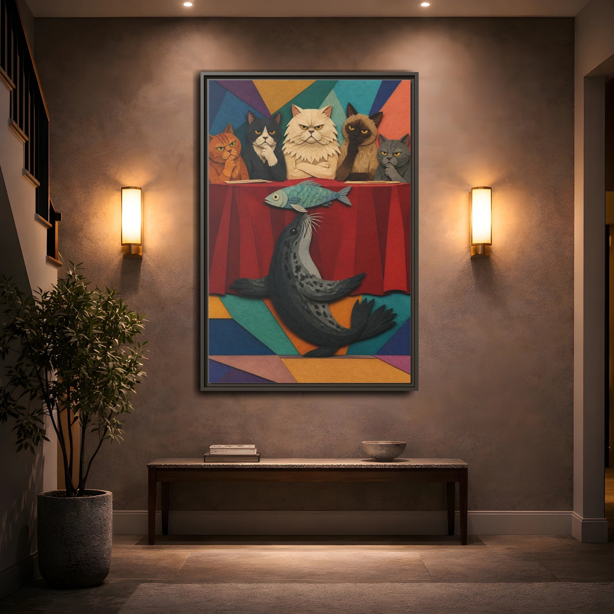 Mockup 2. Seal Balancing Fish shown as framed canvas print
