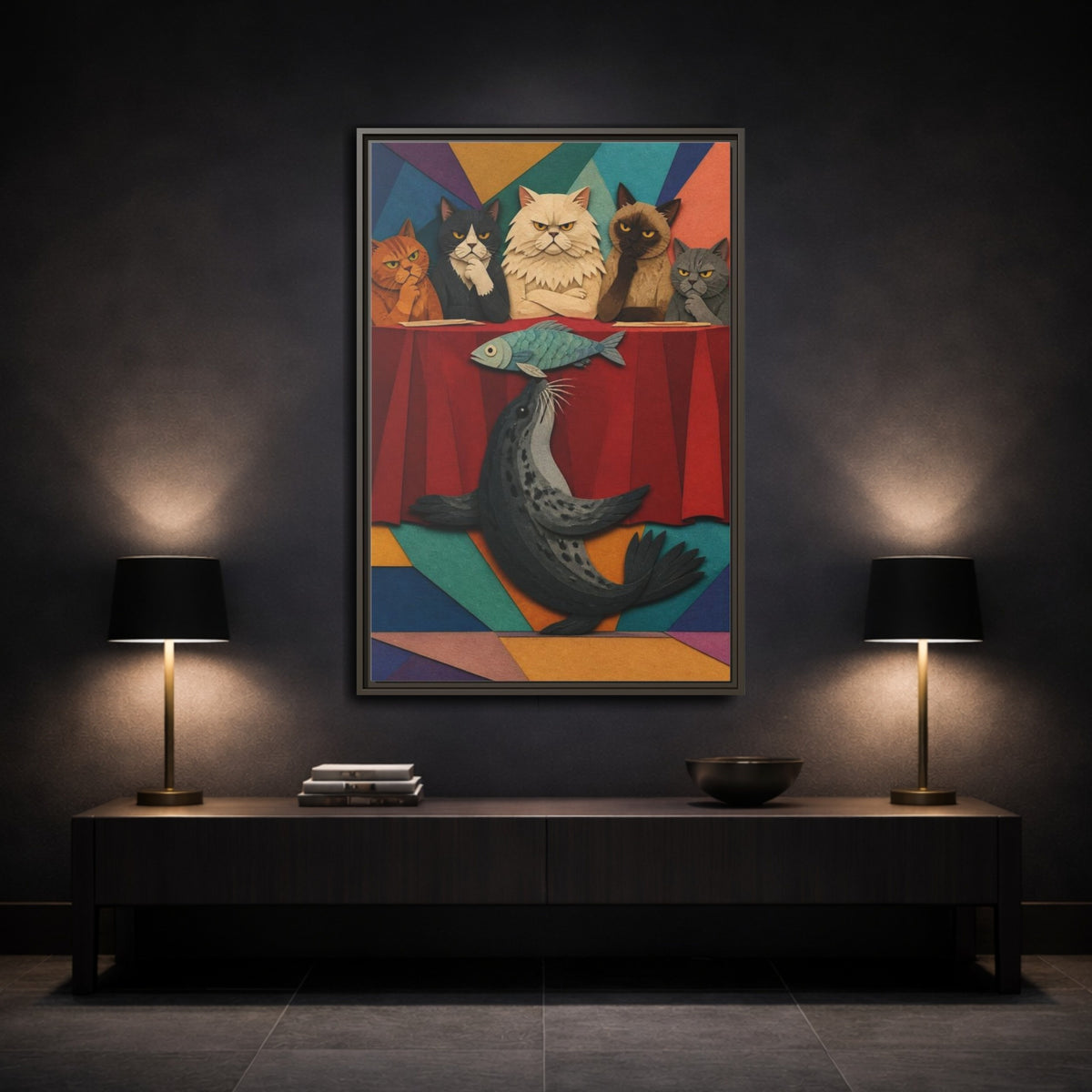 Mockup 3. Seal Balancing Fish shown as framed canvas print