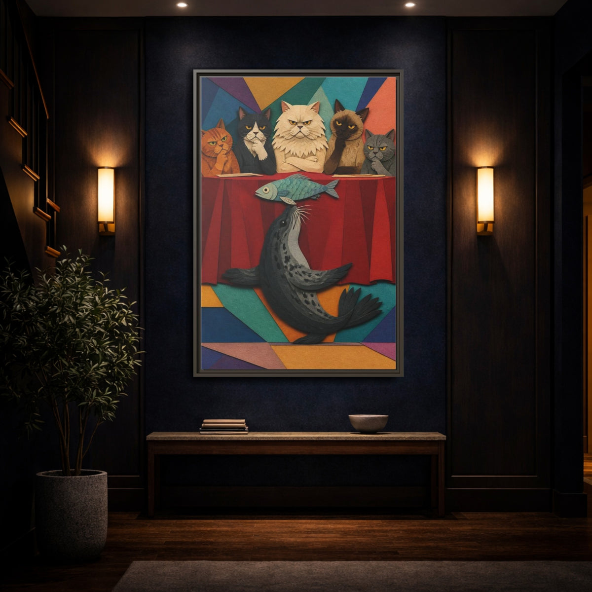 Mockup 4. Seal Balancing Fish shown as framed canvas print
