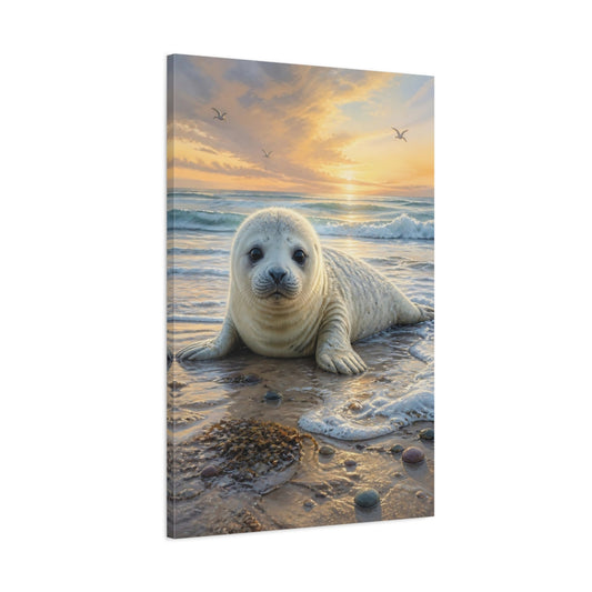 Main Mockup. Seal Pup At Sunset shown as canvas print
