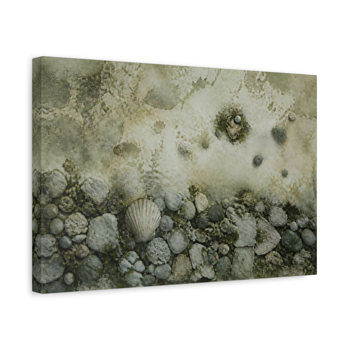 Side Mockup 4. Seashell On Pebble Beach shown as canvas print