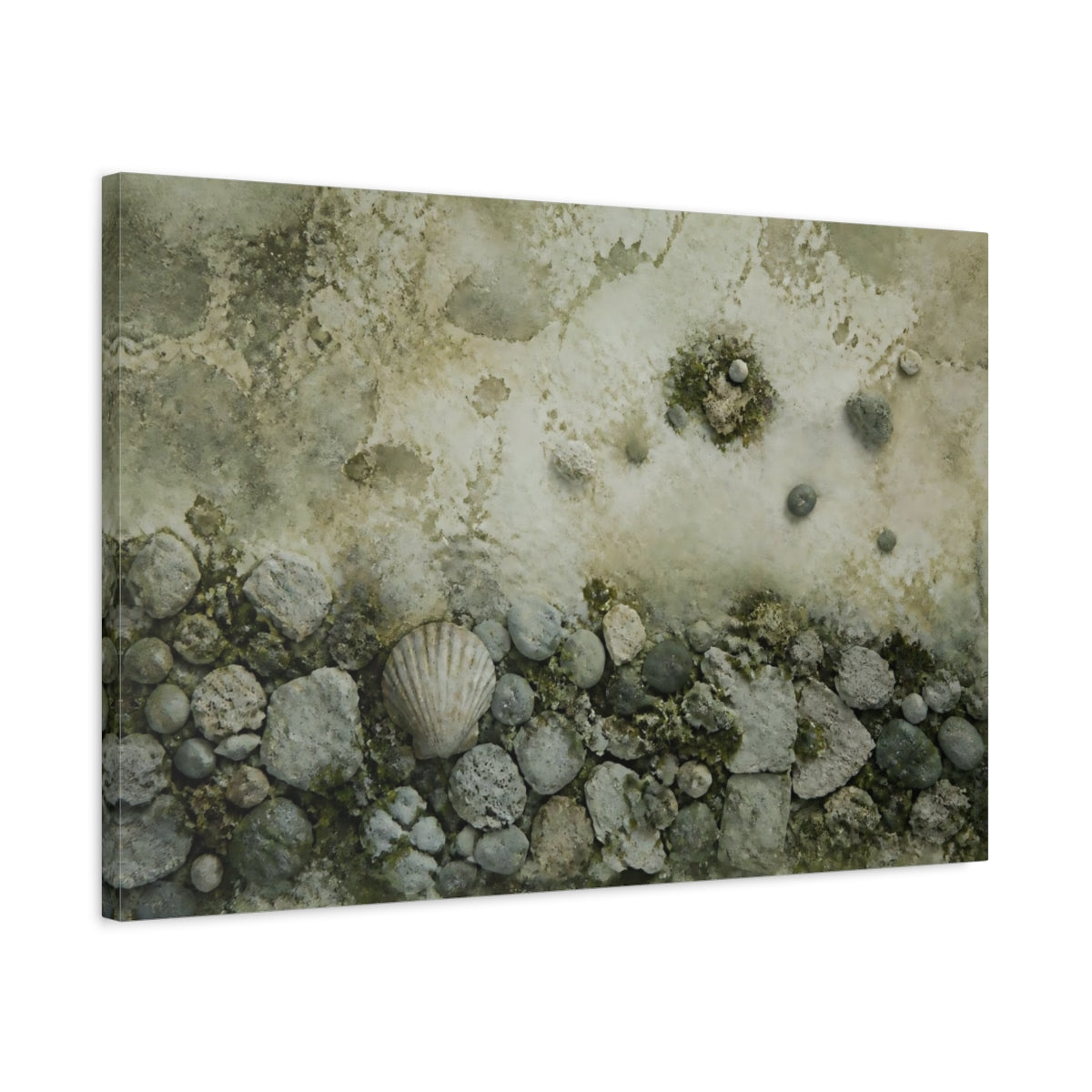 Side Mockup 2. Seashell On Pebble Beach shown as canvas print