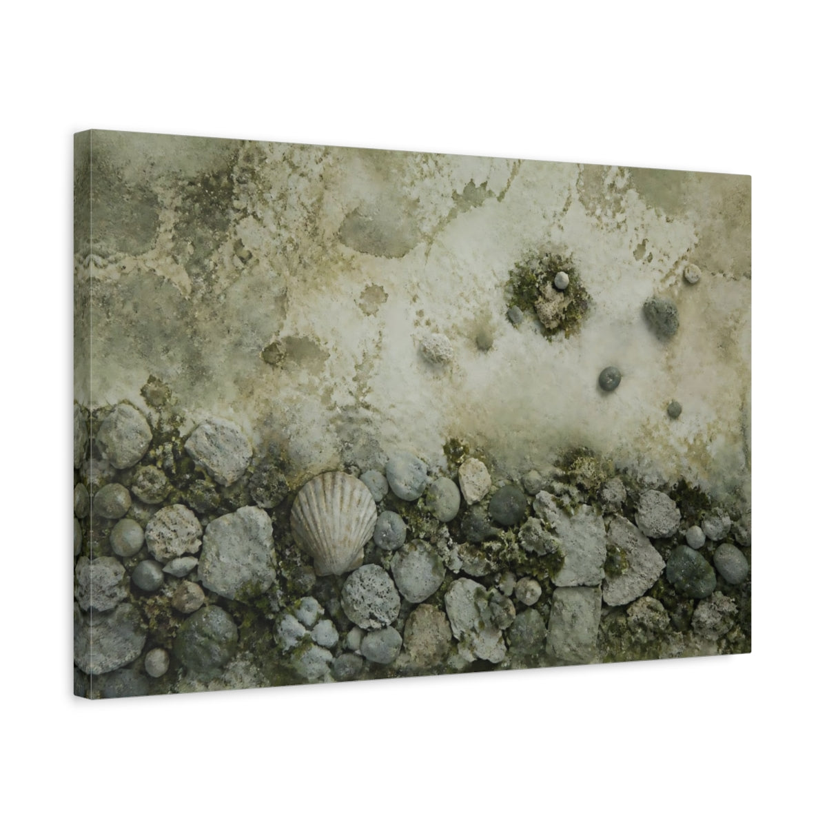Side Mockup 3. Seashell On Pebble Beach shown as canvas print