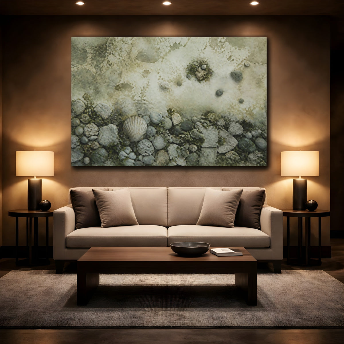 Mockup 2. Seashell On Pebble Beach shown as canvas print
