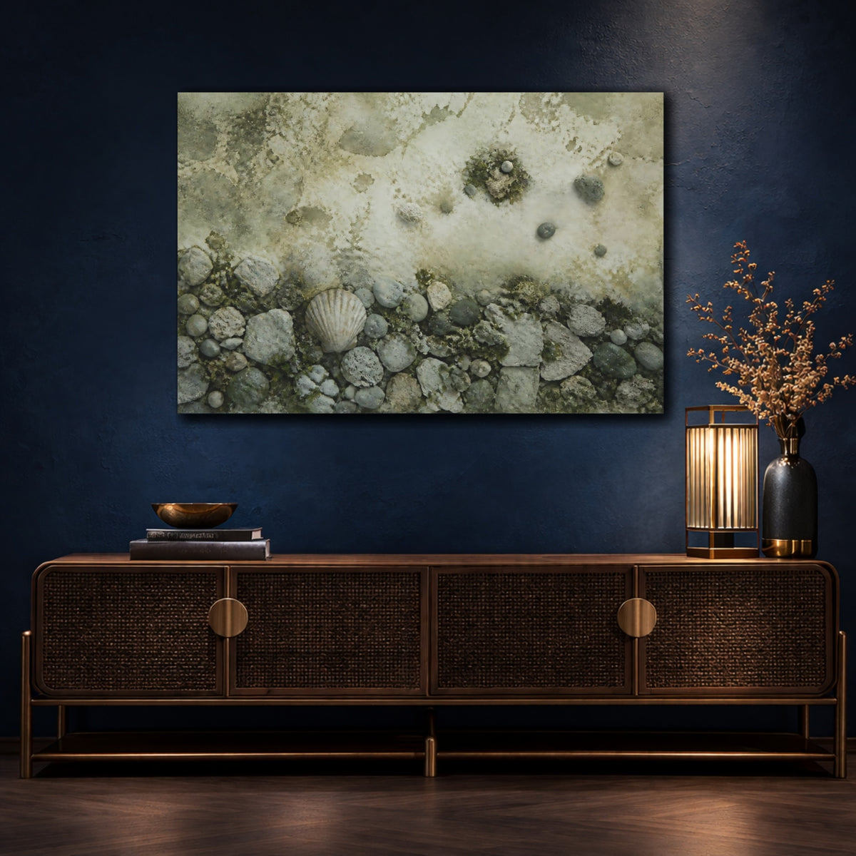 Mockup 4. Seashell On Pebble Beach shown as canvas print