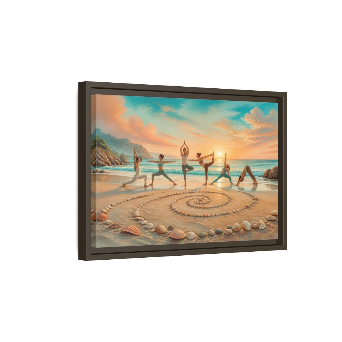Side Mockup 5. Seashell Spiral Sunset Yoga shown as framed canvas print