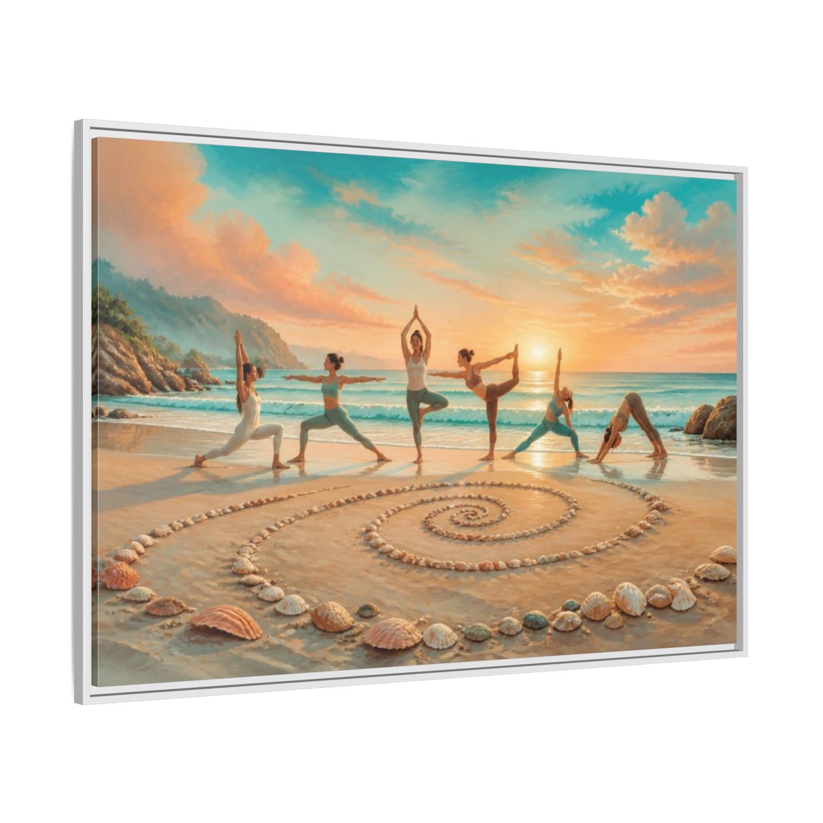 Side Mockup 7. Seashell Spiral Sunset Yoga shown as framed canvas print
