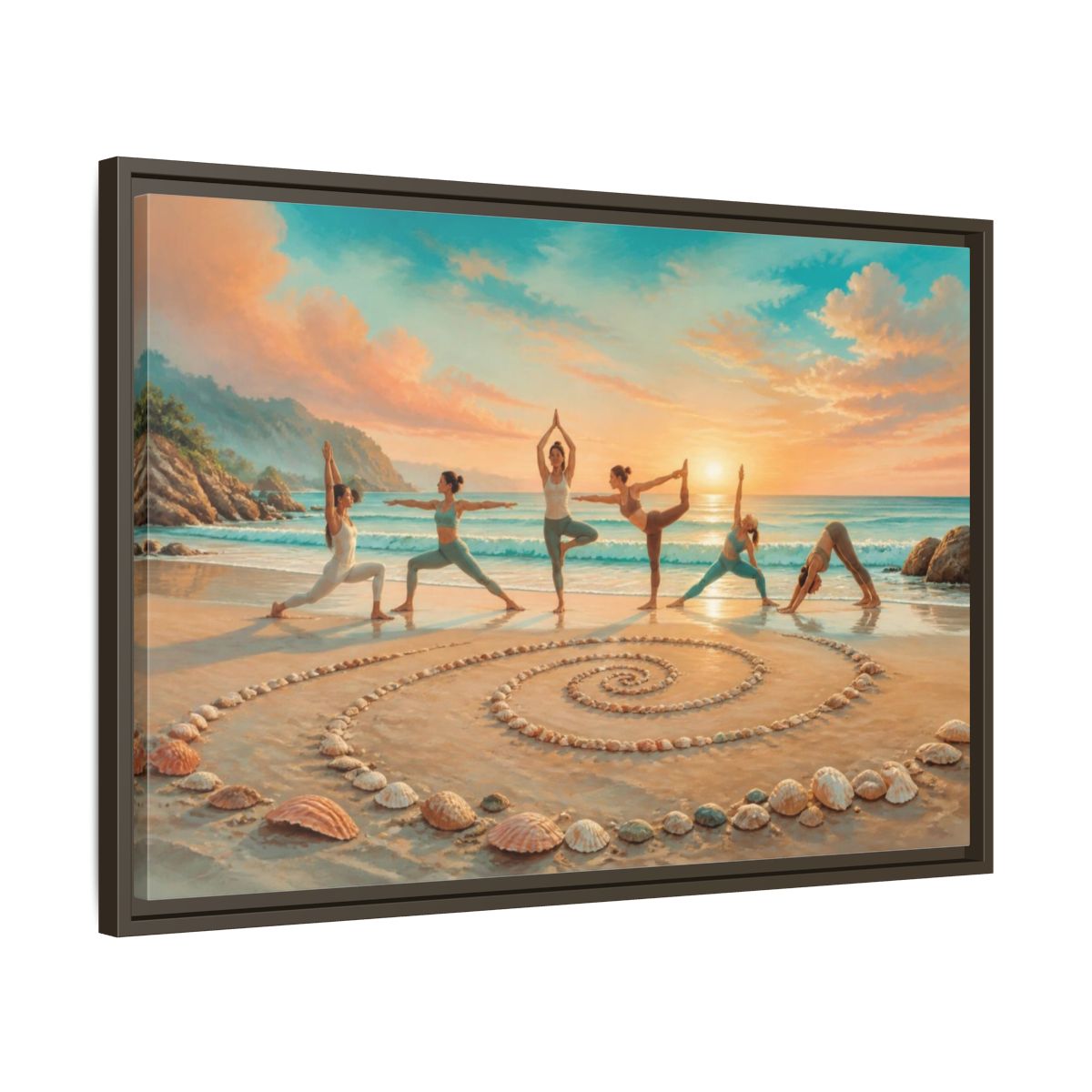 Side Mockup 11. Seashell Spiral Sunset Yoga shown as framed canvas print