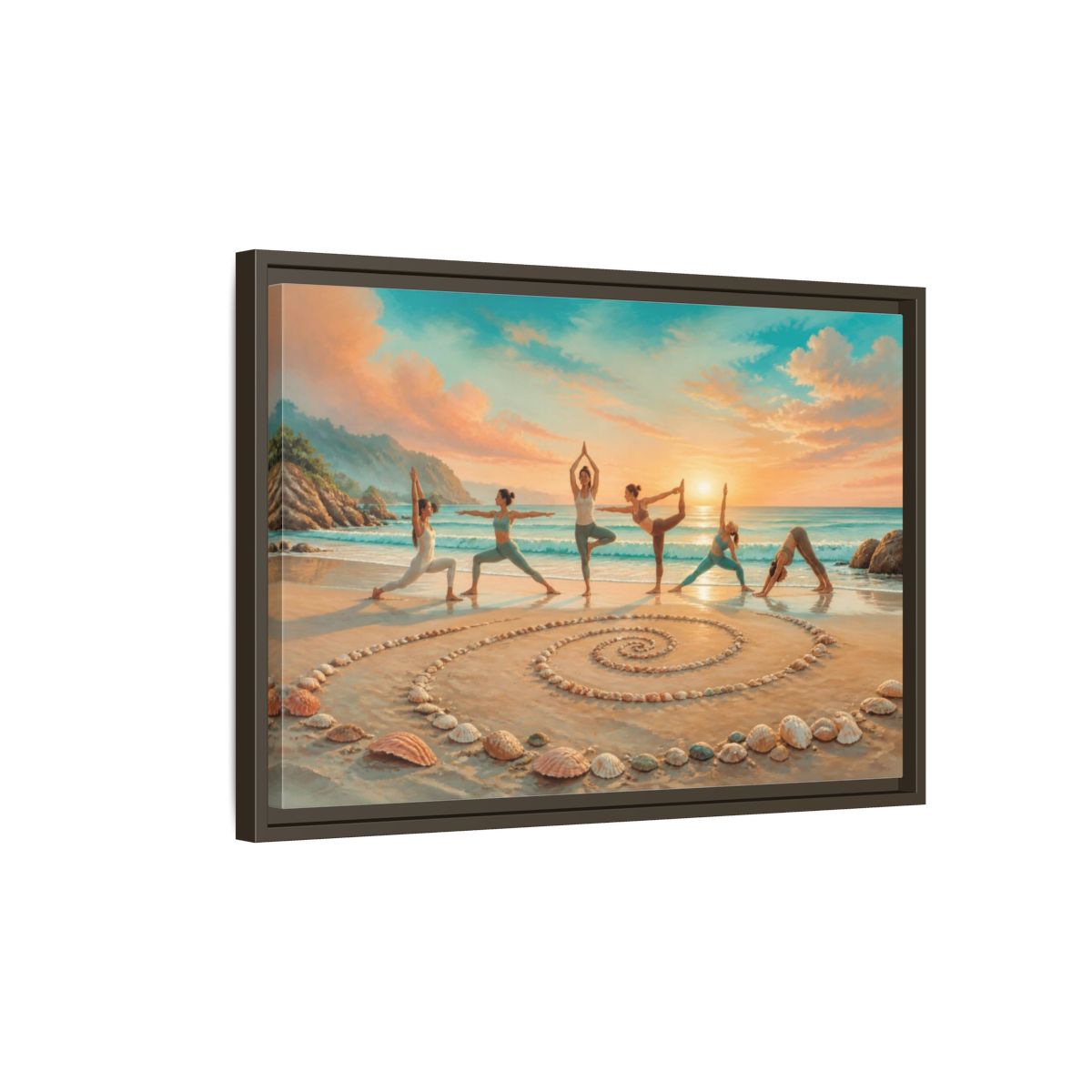 Side Mockup 2. Seashell Spiral Sunset Yoga shown as framed canvas print