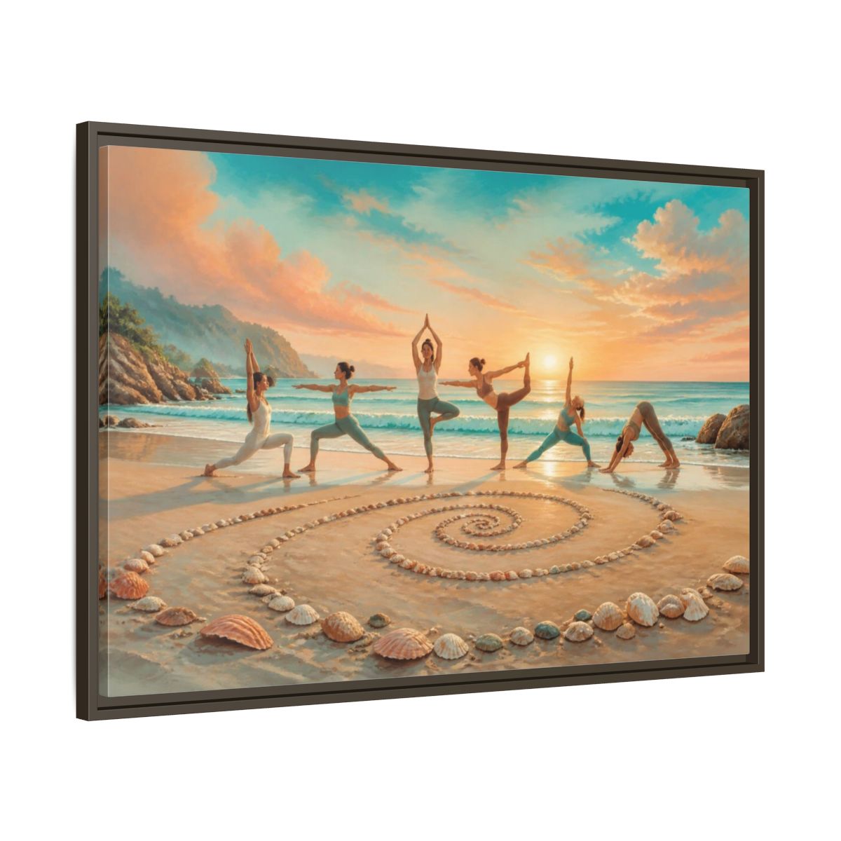 Main Mockup. Seashell Spiral Sunset Yoga shown as framed canvas print
