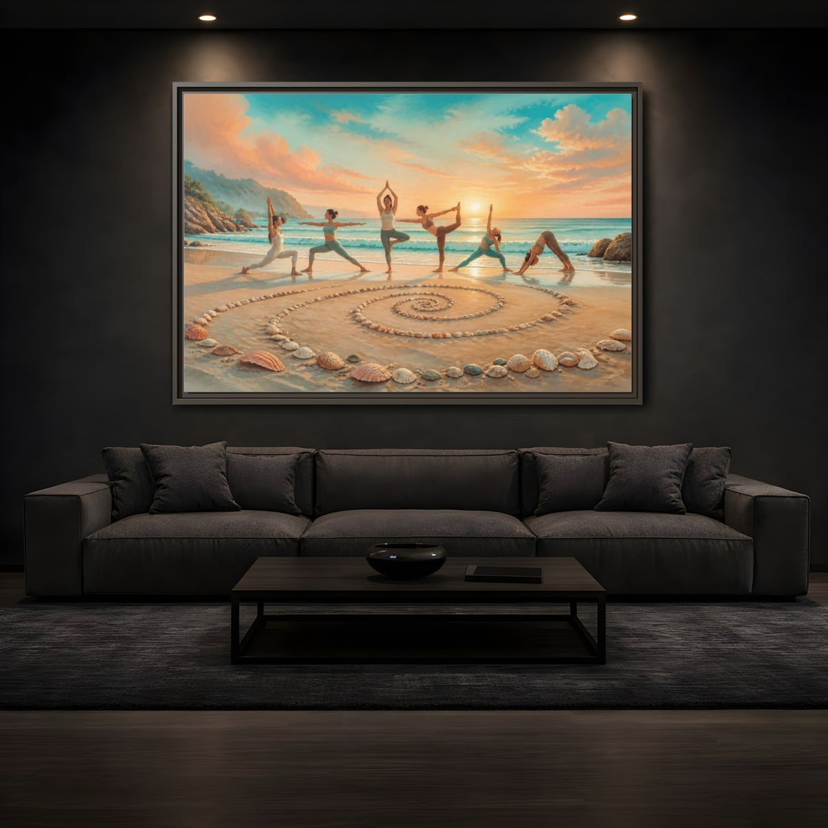Mockup 3. Seashell Spiral Sunset Yoga shown as framed canvas print