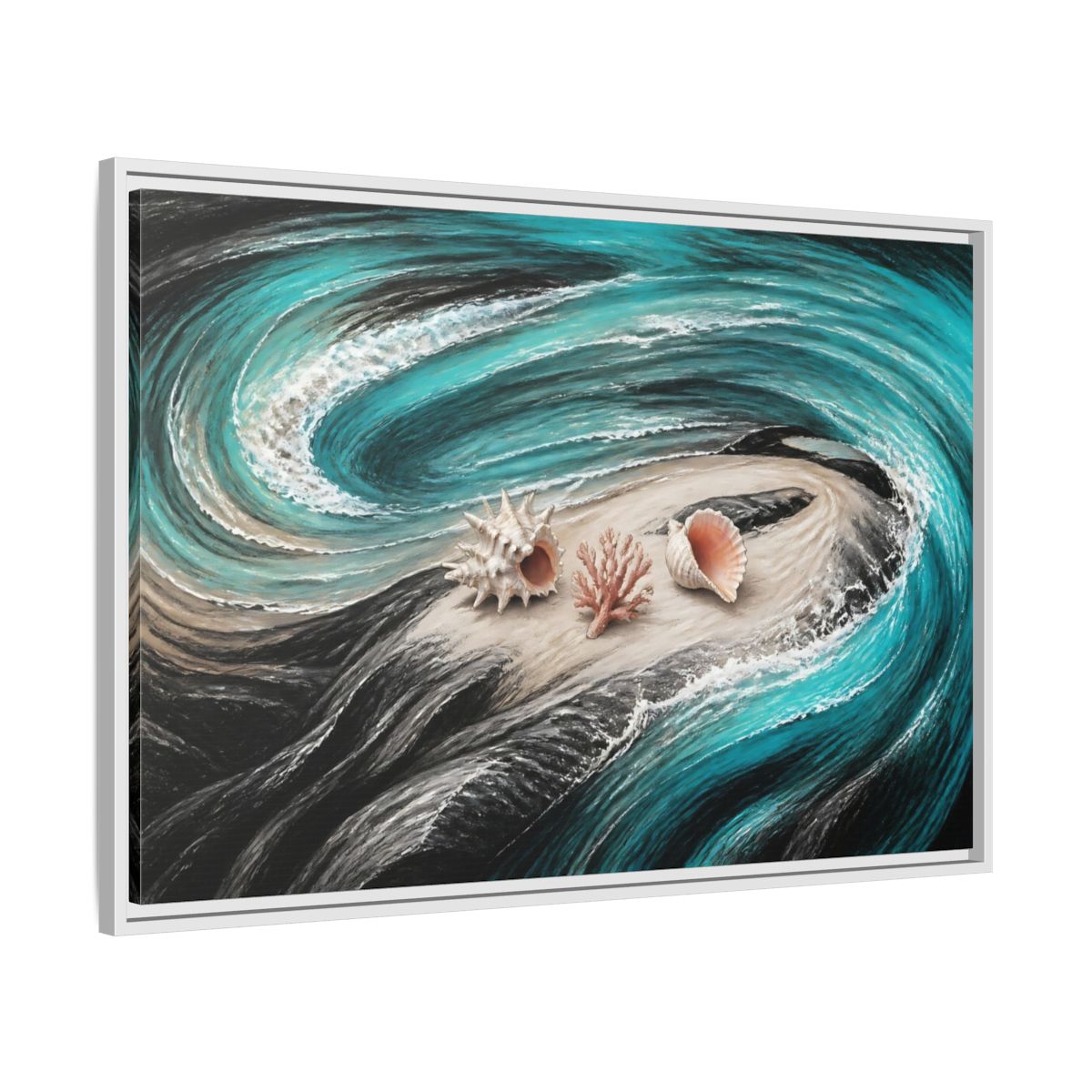 Side Mockup 9. Seashells On Swirling Waves shown as framed canvas print