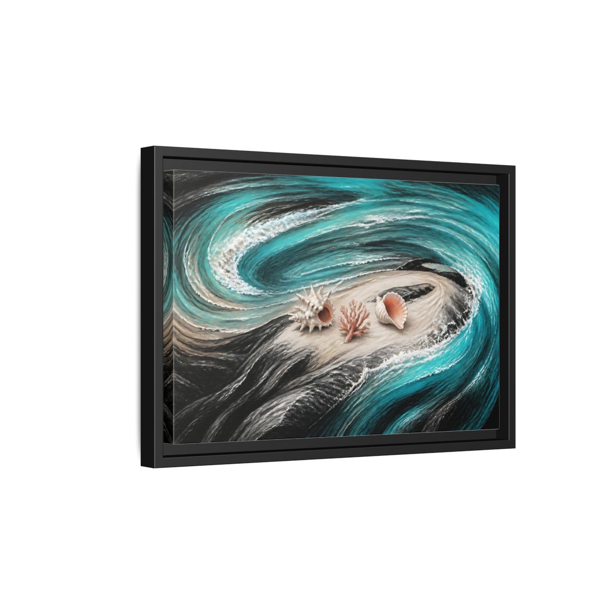 Side Mockup 6. Seashells On Swirling Waves shown as framed canvas print