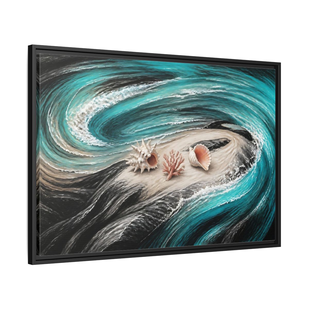 Side Mockup 13. Seashells On Swirling Waves shown as framed canvas print