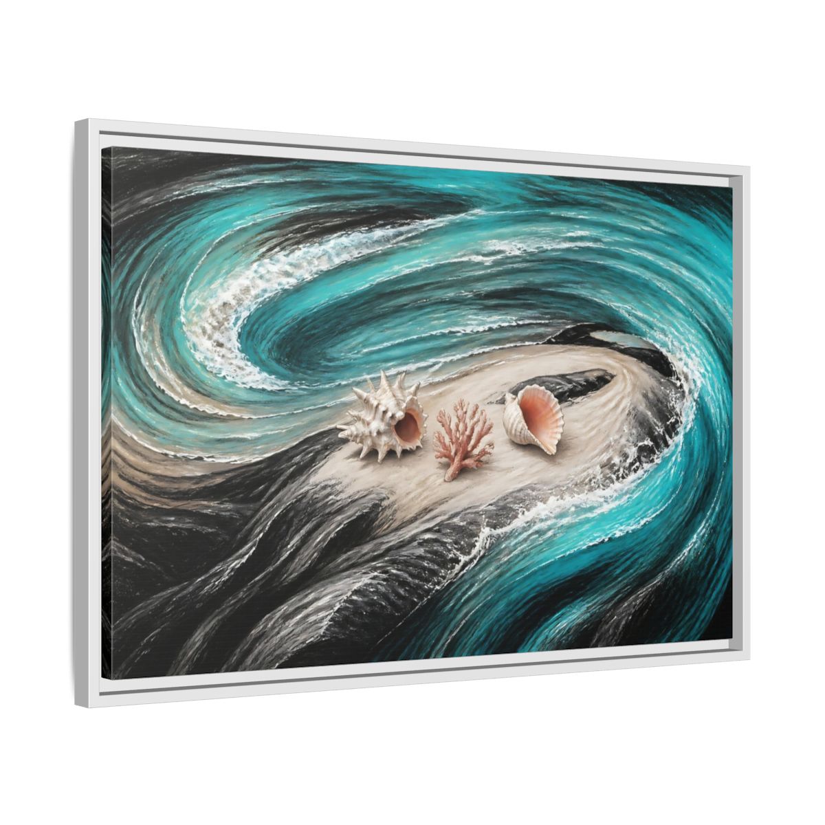 Side Mockup 10. Seashells On Swirling Waves shown as framed canvas print