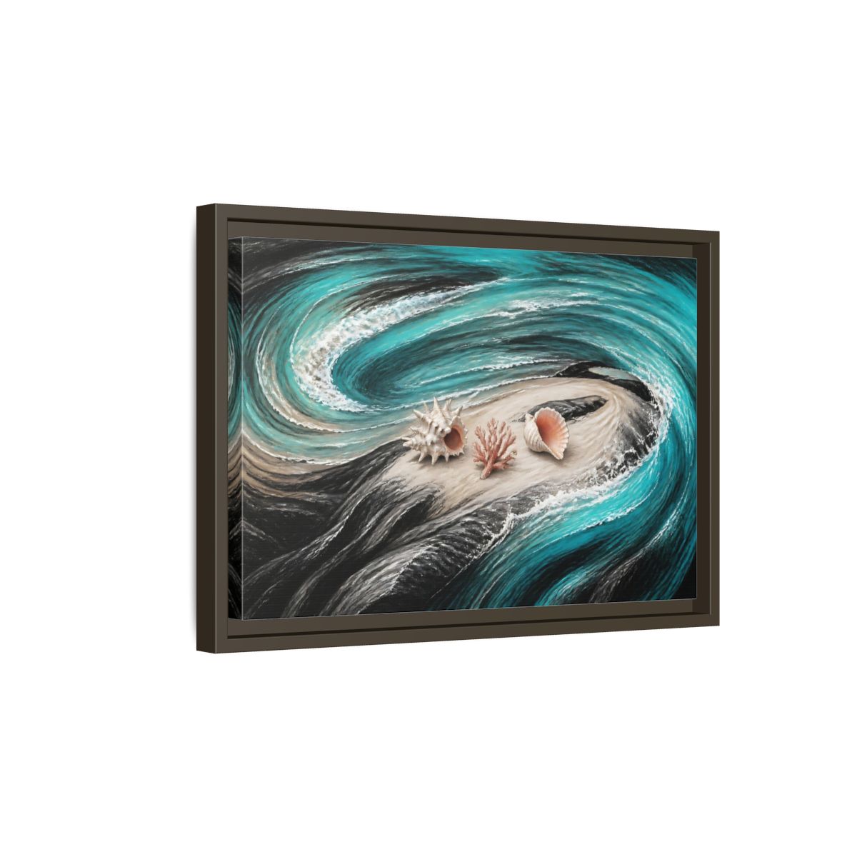 Side Mockup 5. Seashells On Swirling Waves shown as framed canvas print