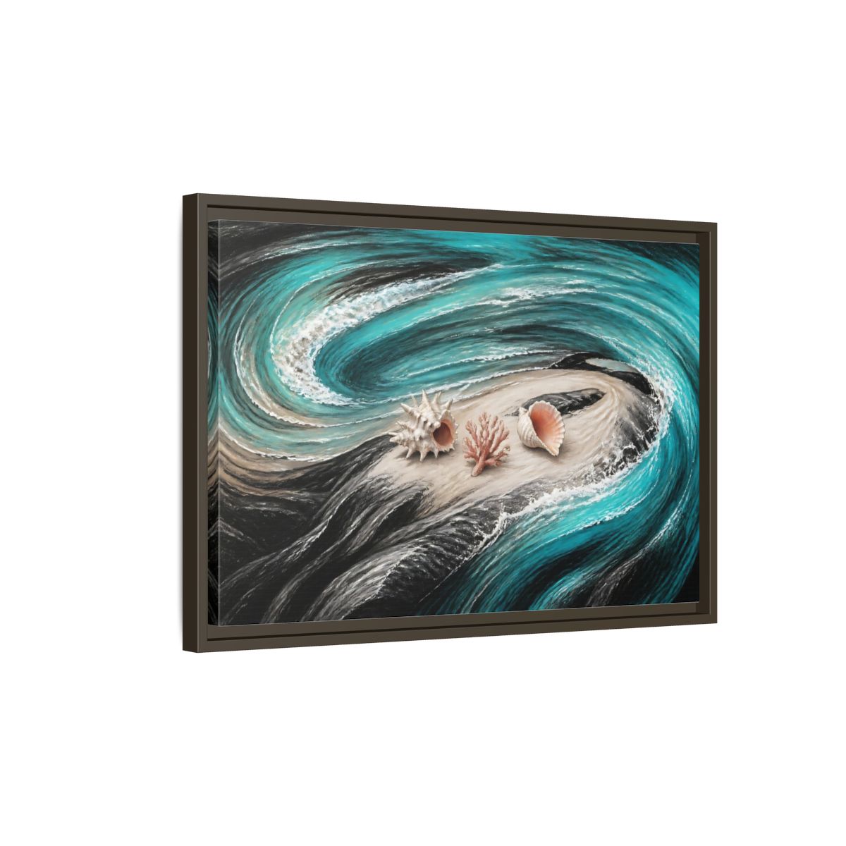 Side Mockup 2. Seashells On Swirling Waves shown as framed canvas print