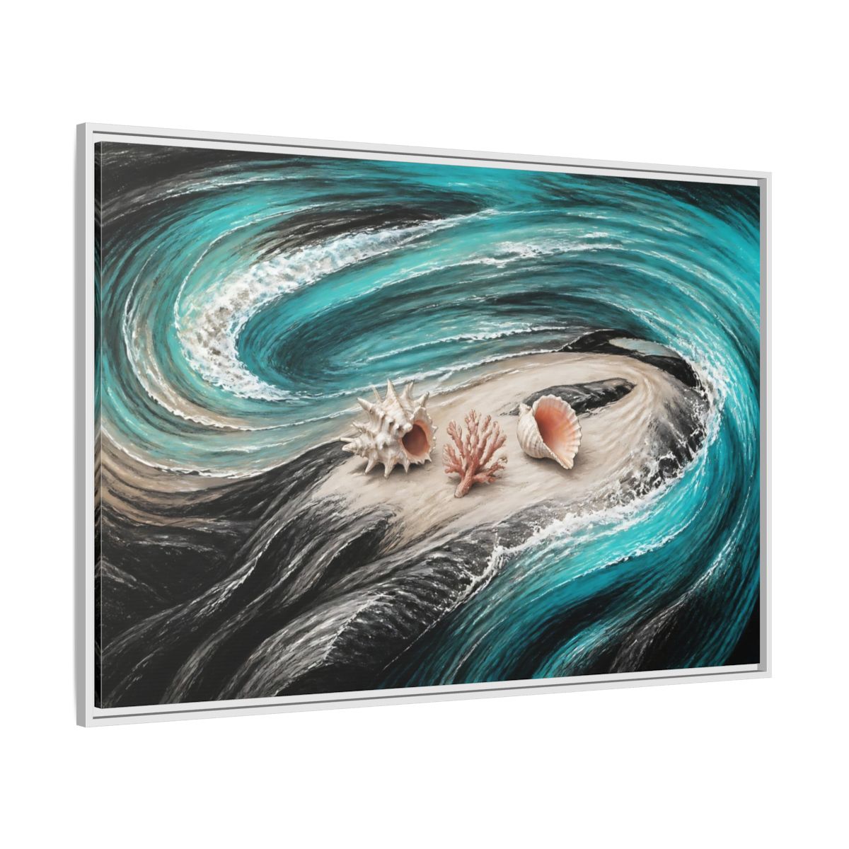 Side Mockup 7. Seashells On Swirling Waves shown as framed canvas print