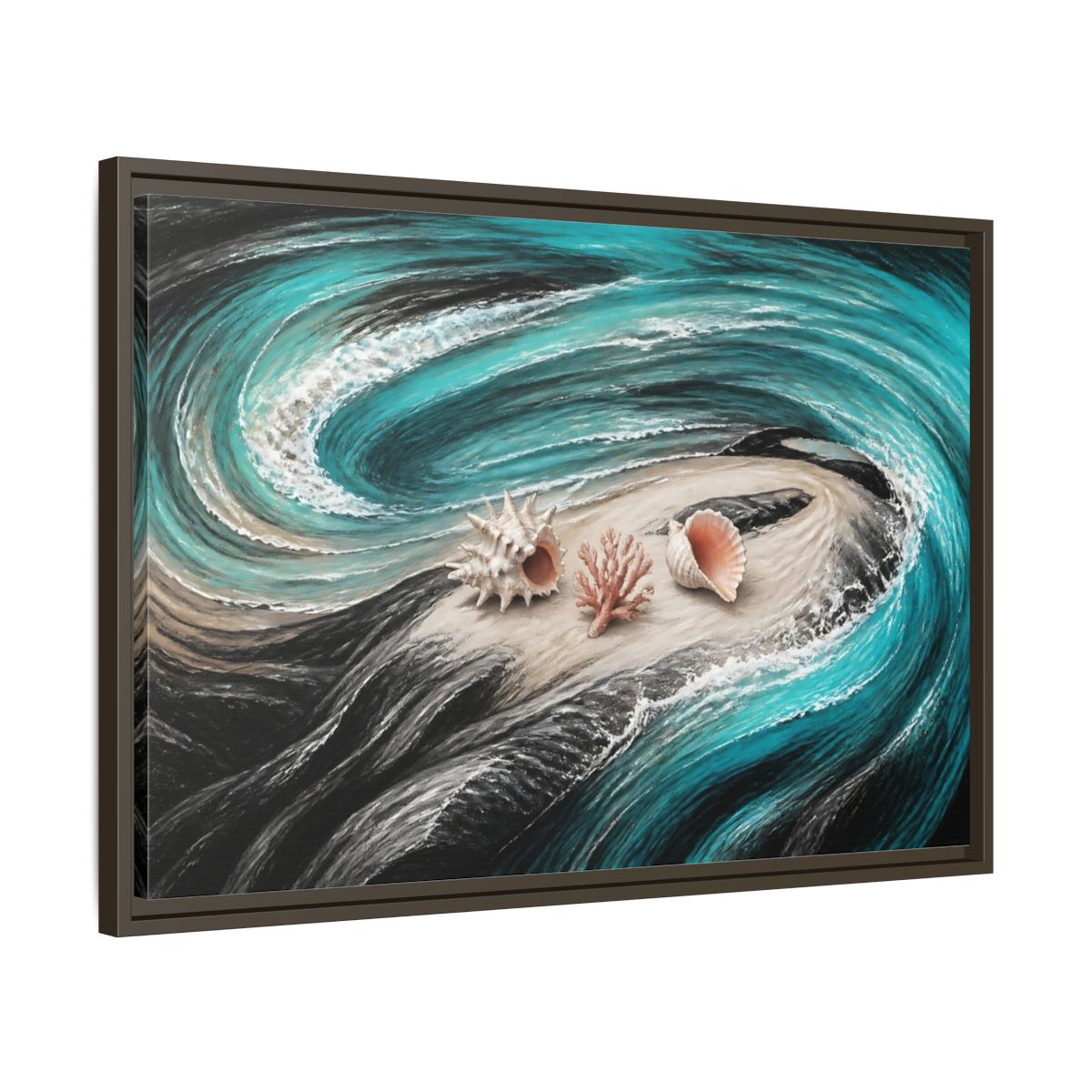 Side Mockup 11. Seashells On Swirling Waves shown as framed canvas print
