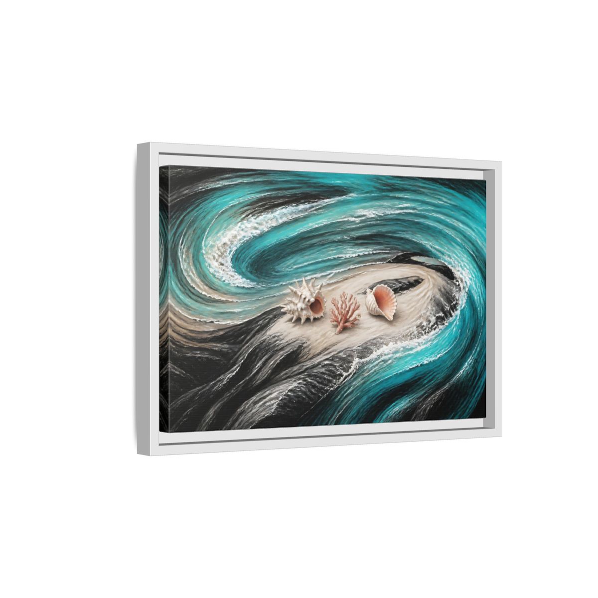 Side Mockup 4. Seashells On Swirling Waves shown as framed canvas print