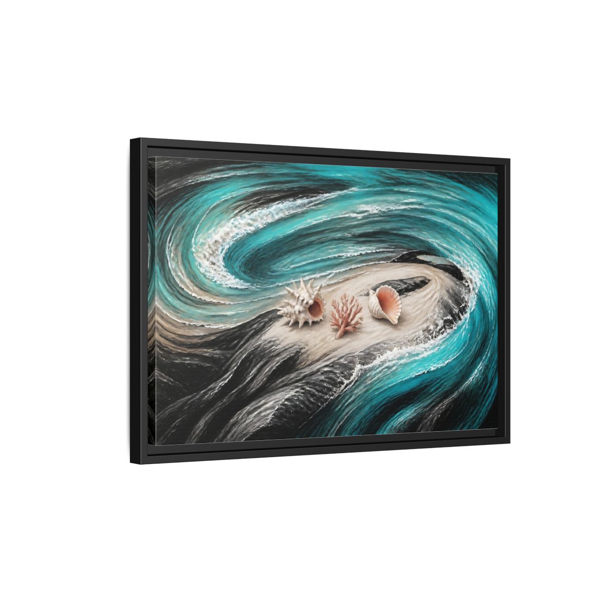 Side Mockup 3. Seashells On Swirling Waves shown as framed canvas print