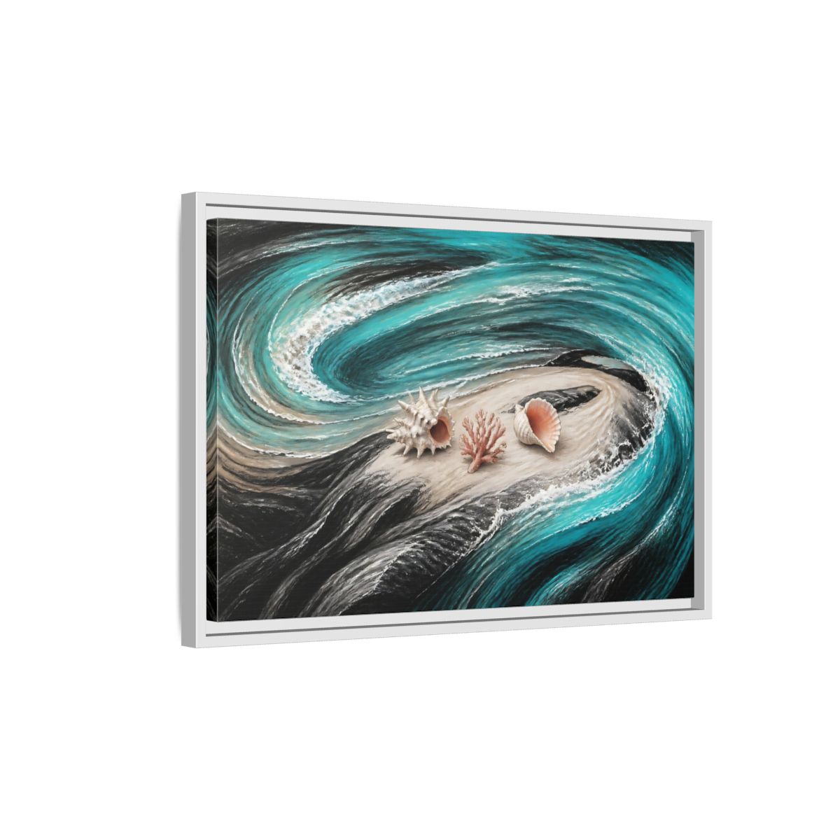 Side Mockup 1. Seashells On Swirling Waves shown as framed canvas print