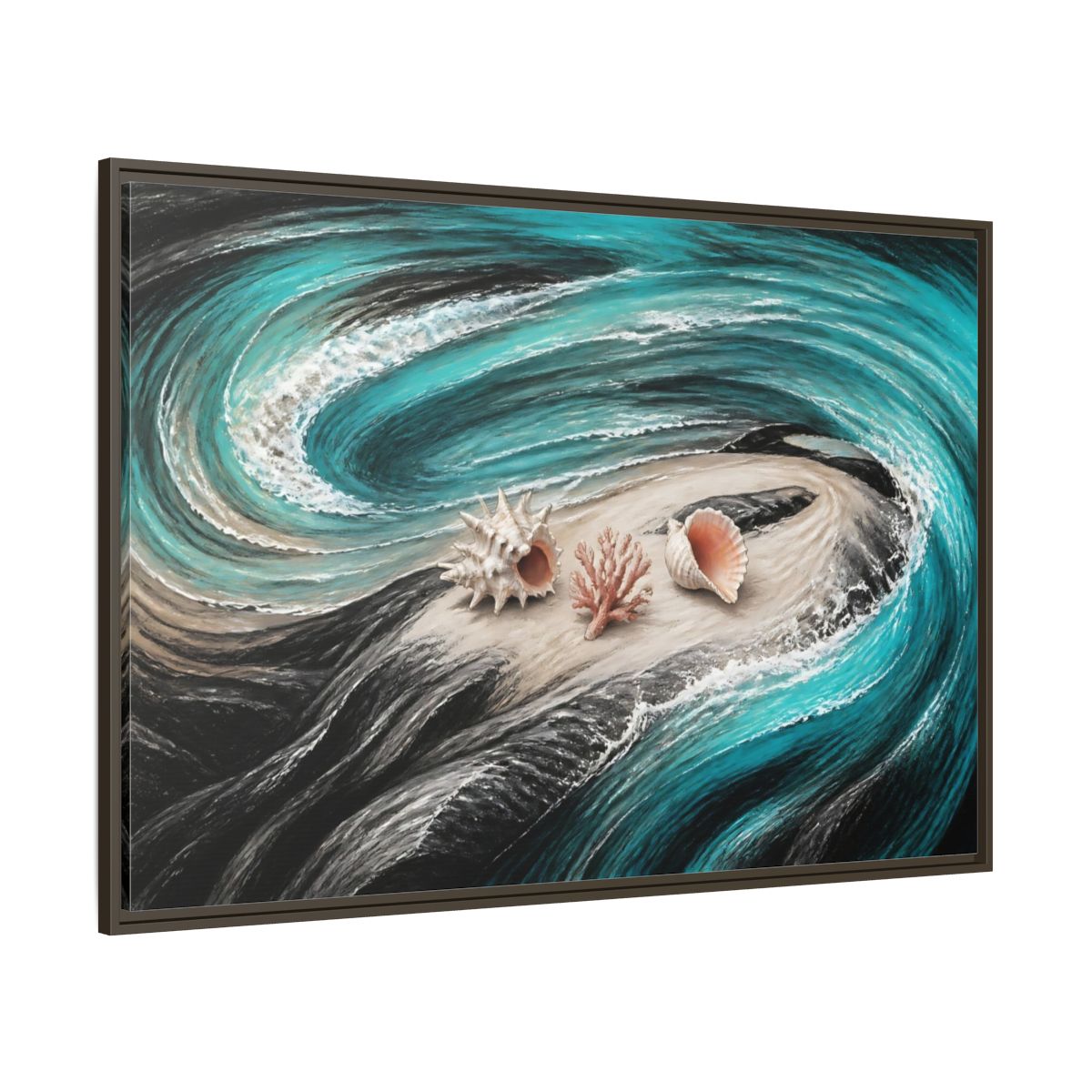 Side Mockup 8. Seashells On Swirling Waves shown as framed canvas print