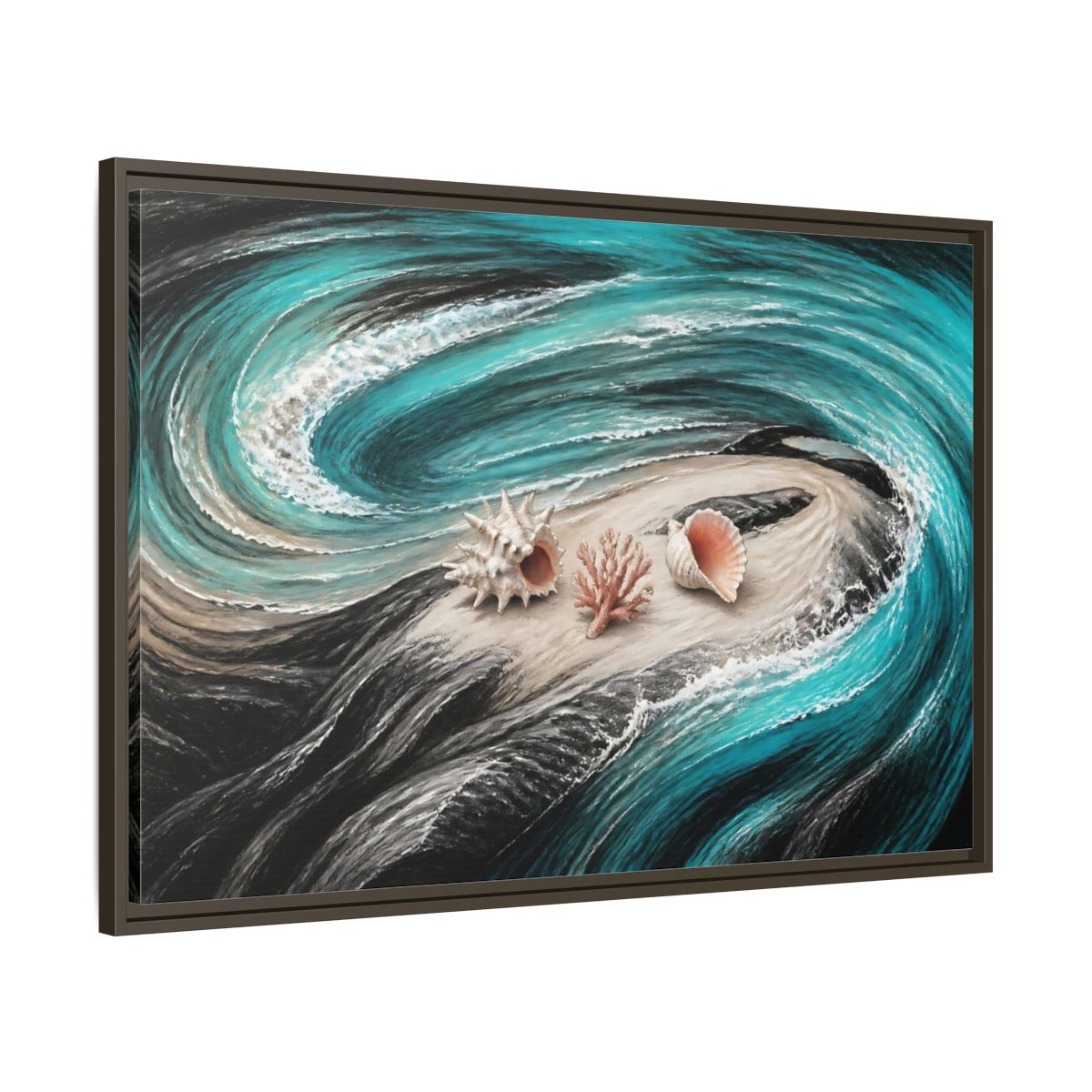 Main Mockup. Seashells On Swirling Waves shown as framed canvas print