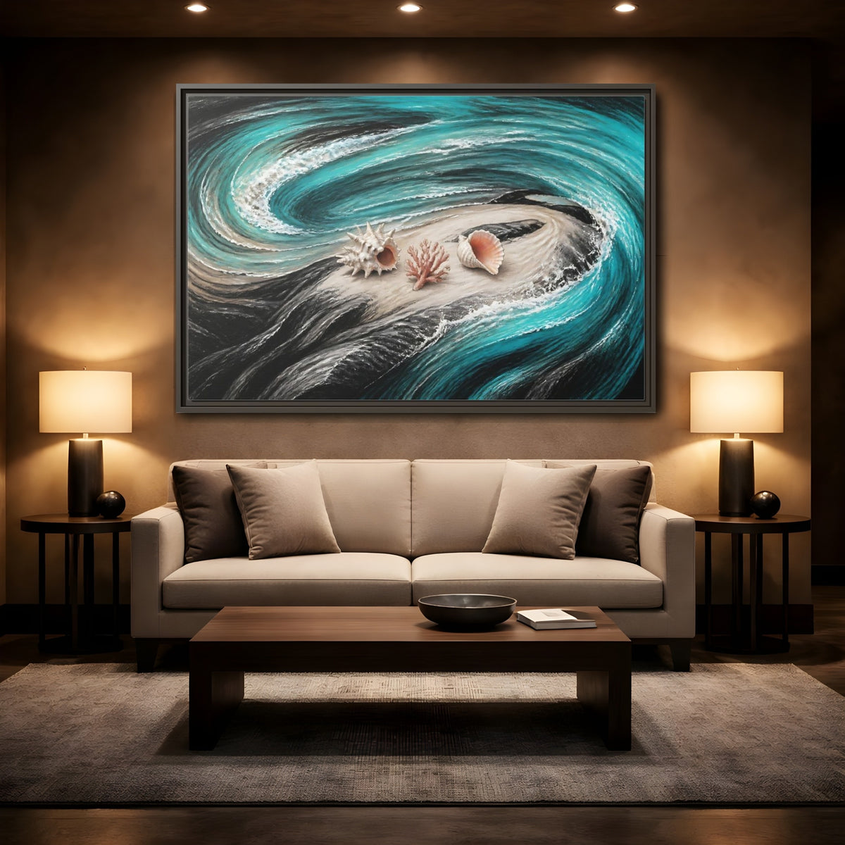 Mockup 2. Seashells On Swirling Waves shown as framed canvas print