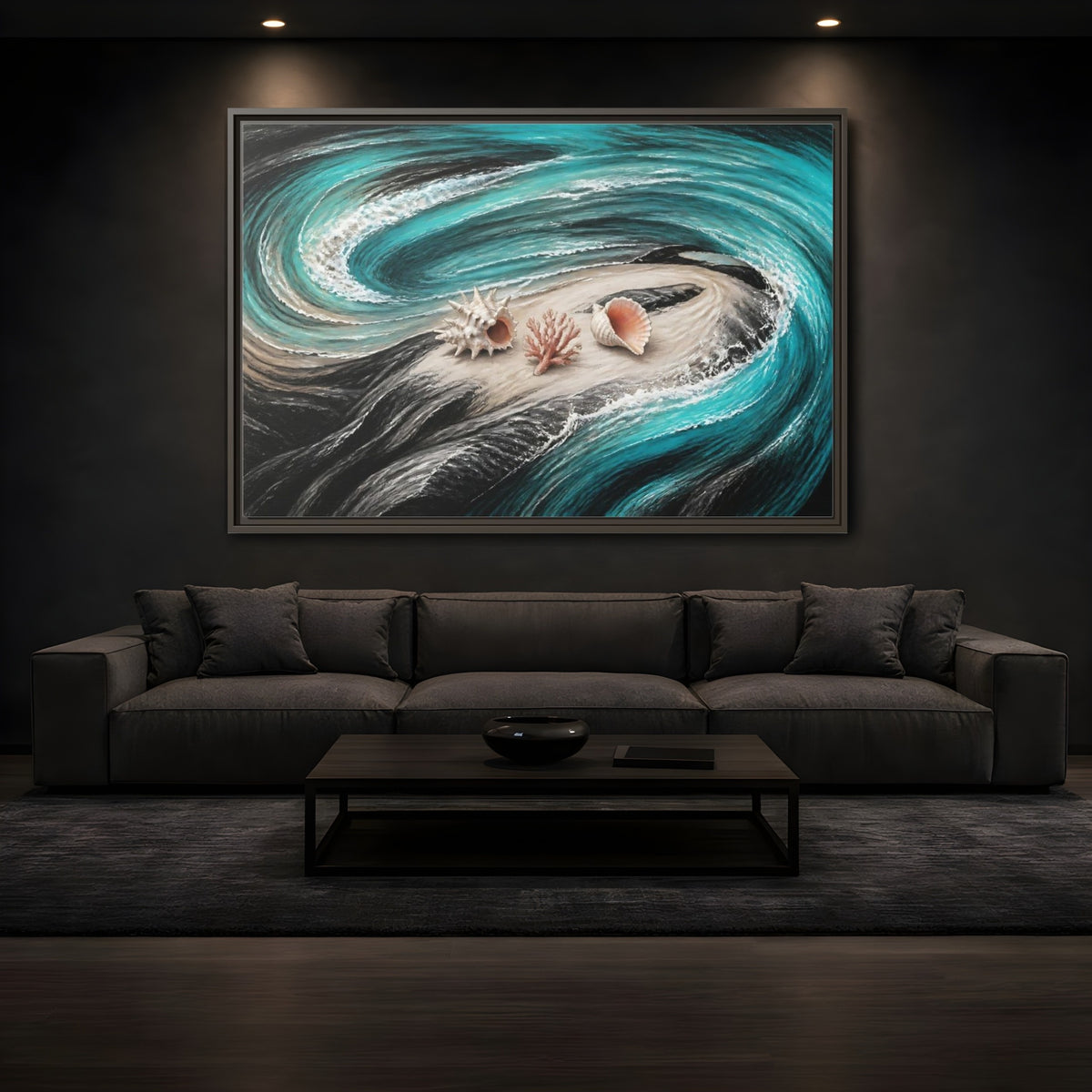 Mockup 3. Seashells On Swirling Waves shown as framed canvas print