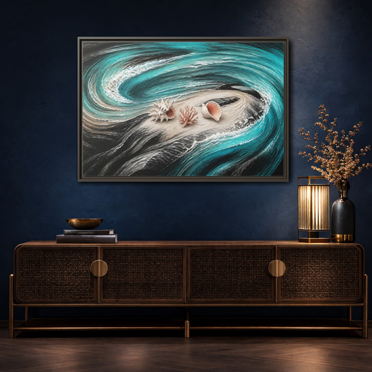 Mockup 4. Seashells On Swirling Waves shown as framed canvas print
