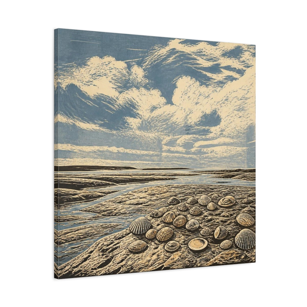 Side Mockup 3. Seashells On Tidal Flats shown as canvas print