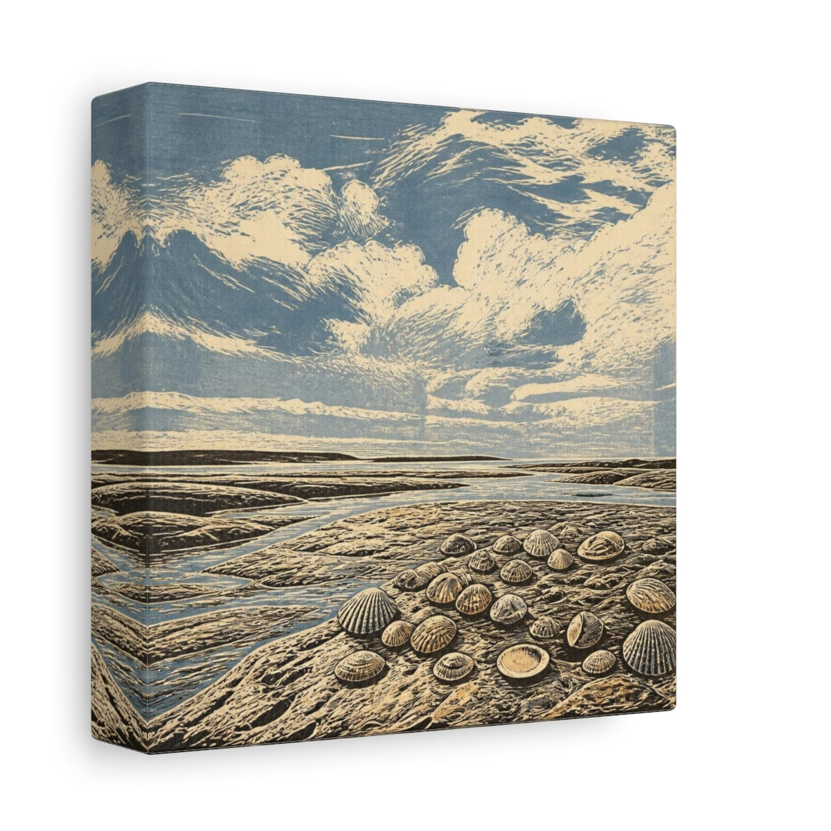 Side Mockup 2. Seashells On Tidal Flats shown as canvas print