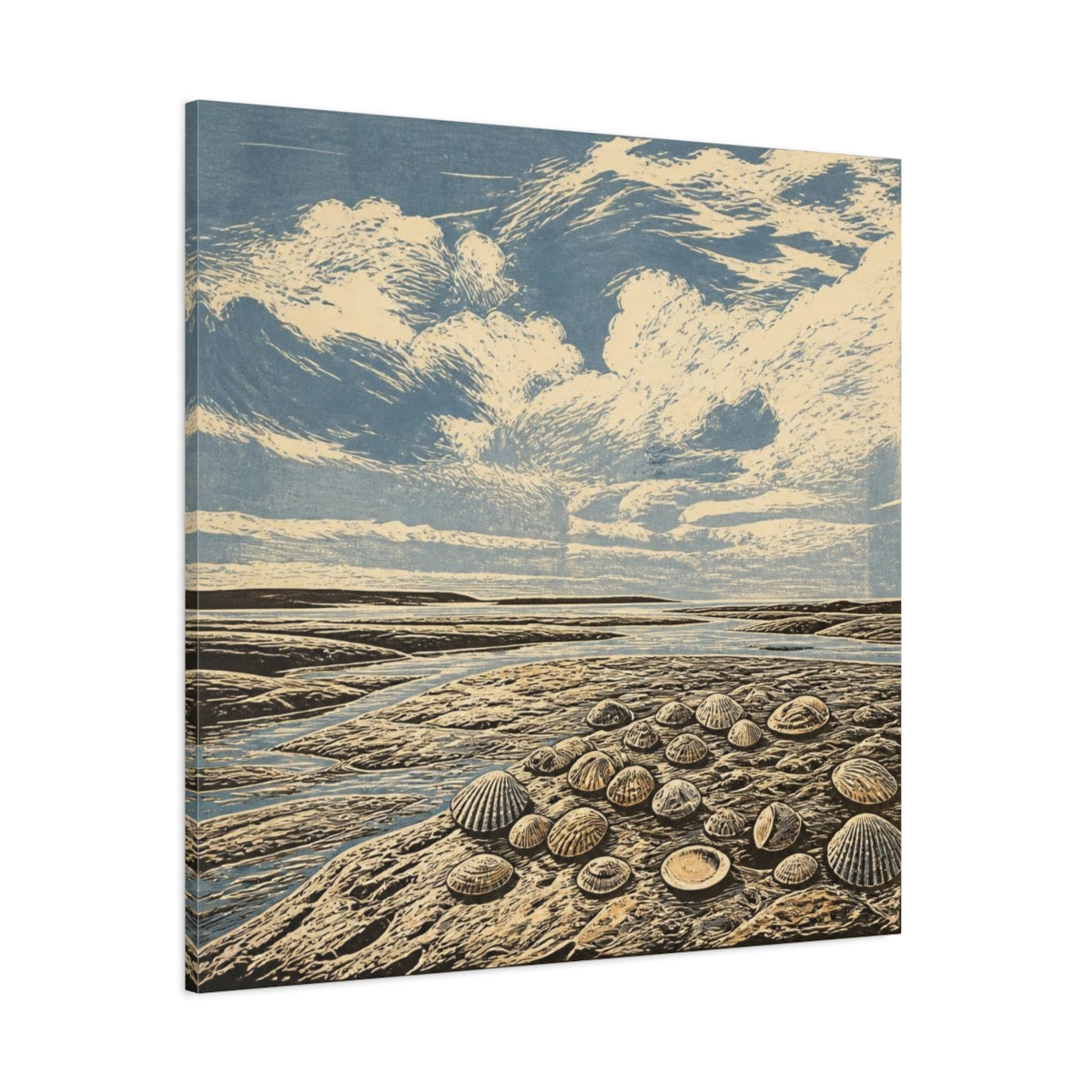 Side Mockup 1. Seashells On Tidal Flats shown as canvas print