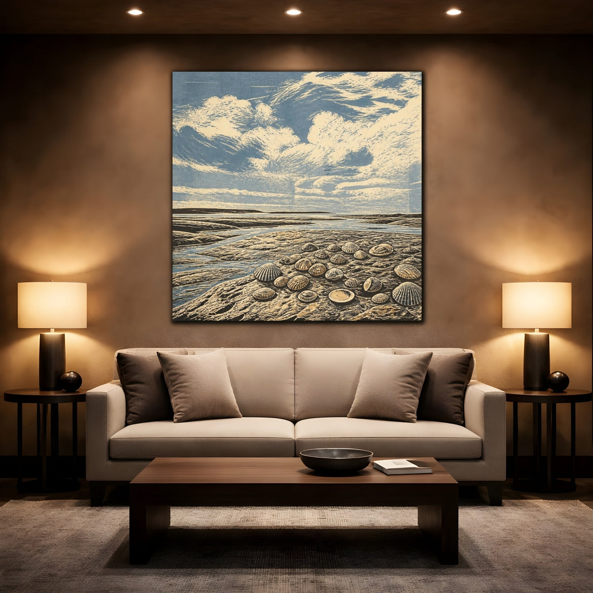 Mockup 2. Seashells On Tidal Flats shown as canvas print