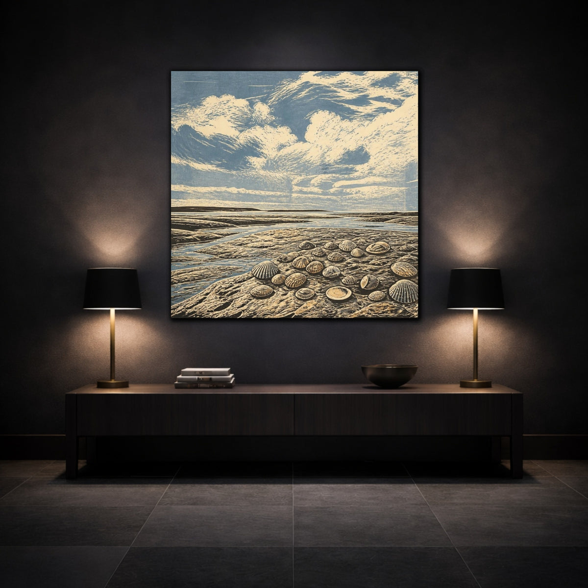 Mockup 3. Seashells On Tidal Flats shown as canvas print